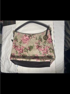 Liz Claiborne Floral Shoulder Bag Pink Flower Print Large Tote Brown LeatherTrim